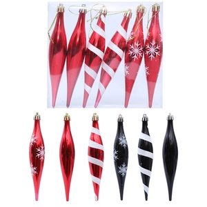 Adornos navideños de gota pintados en rojo y negro con patrones de copos de nieve