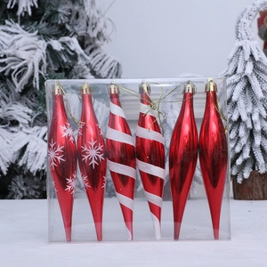 Set de 6 adornos navideños en forma de carámbano rojo y blanco con motivos de nieve y cuerdas