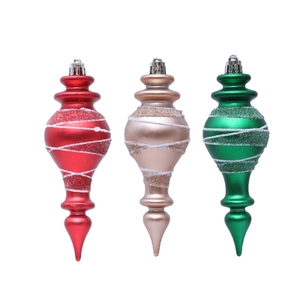 Three-piece set of retro spire Christmas ornaments with matte finish and glitter stripes