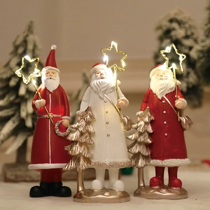 Santa Claus Ornament Resin LED Glowing Star Wand Christmas Desktop Home Decor Classic Festive Holiday Figurine Gift