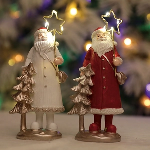 Resin Santa Claus figurines with LED glowing stars and golden trees for Christmas decor