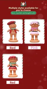 Detailed view of gingerbread resin ornaments in red and pink holiday costumes with stands