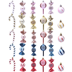 Set de 18 adornos navideños con bastones de caramelo y bolas en varios colores