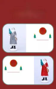 Detailed close-up of Santa figurines with green trees and brown bags on snow base