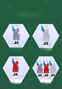Detail showing red, silver, and grey resin Santa Claus figurines with mini Christmas trees