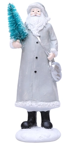 Detail of Santa resin figurine with grey robe holding a mini blue Christmas tree decoration