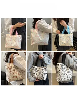 Collage of canvas tote bags with colorful graffiti prints and diverse shoulder strap options