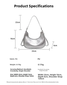 Détails du sac croissant argenté avec dimensions de 22cm x 16cm x 6cm en PU