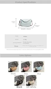 Detailed size chart and multi-color options for the minimalist crescent crossbody bag