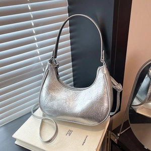 Sac Hobo en Cuir PU Plissé pour Femmes Sac Sous les Bras Minimaliste en Croissant Texture Brillante Sac à Bandoulière Mode Quotidien