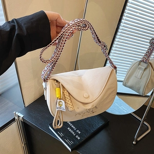 Half Moon Crossbody Bag Women Nylon Embroidery Love Yourself Ethnic Woven Wide Strap Leisure Underarm Fashion Purse