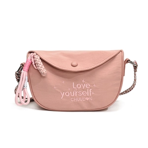 Pink crescent saddle bag with Love yourself embroidery and braided shoulder strap