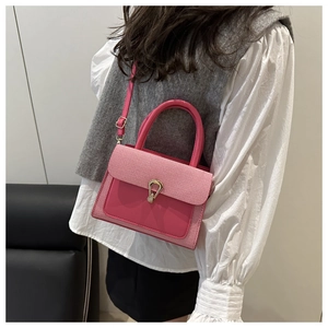 Detailed shot of pink crossbody bag with woven texture lid and golden horsebit buckle