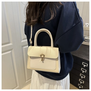 Close-up of beige crossbody bag featuring straw texture and horseshoe metal buckle