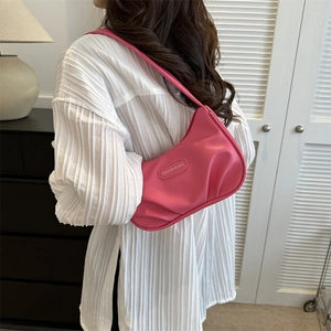 Pink pleated underarm bag for women, stylish Korean half-moon shoulder bag with logo