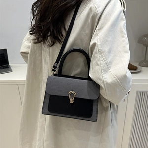 Gray and black contrast leather handbag with gold metal clasp shown on a model