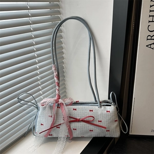 Sweet Bow Underarm Bag For Women Canvas PU Leather Balletcore Lolita Style Plaid Ribbon Lace Trim Shoulder Handbag