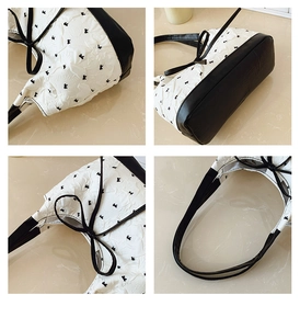 Detailed views of women's tote bag featuring 3D embossed fabric with black bow patterns