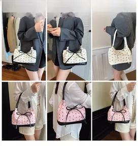 Detailed views of women's shoulder bag featuring relief texture fabric and bow accents