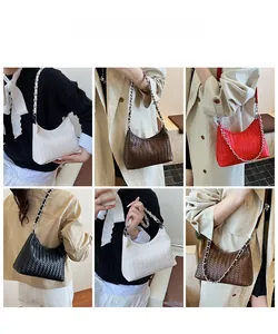 Collage of chic woven hobo bags in four colors with chain straps shown on a model