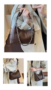 Detail of dark brown woven leather hobo bag with silver chain and adjustable shoulder strap