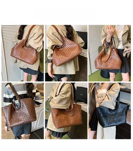 Detailed views of woven leather tote bag shown in brown and black on model