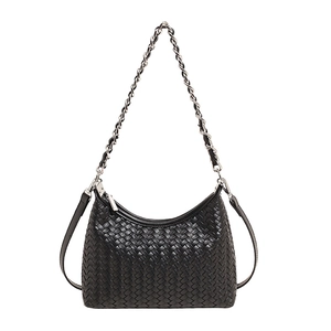 Classic black woven crossbody bag with silver chain strap and half-moon leather design