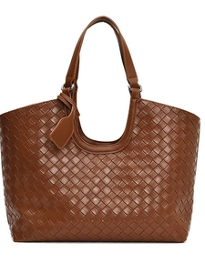 Caramel woven tote bag with Intrecciato weave and dual top handles on white background