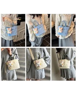 Detail shots showing mini bucket bags with teddy bear charms on model in two colors