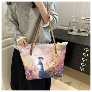 Artistic oil painting peacock bucket bag with white fringe edge and leather handles