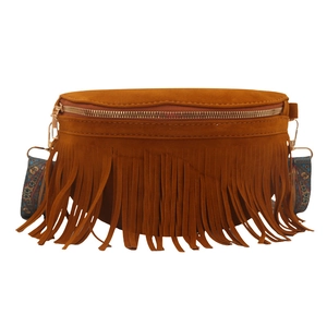 Brown suede tassel crossbody bag with bohemian printed strap and gold zipper accents