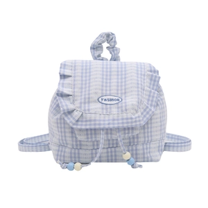 Plaid lace mini backpack with ruffled trim and drawstrings in blue and white grid