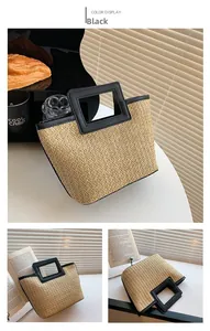 Détail du sac cabas en paille tissée avec garniture en cuir noir et poignée carrée évidée