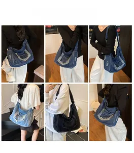 Detail view showing vintage denim crossbody bags in blue and black with fringe accents