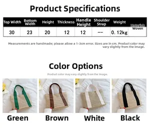 Size guide for handwoven straw tote bag with dimensions for green, brown, white and black colors