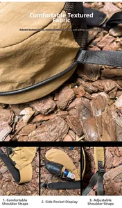 Detail of khaki crossbody bag with scratch-resistant fabric and breathable mesh pocket