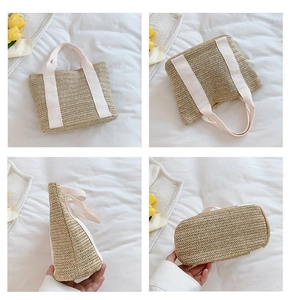 Detail shots of beige straw tote bag with white canvas straps from multiple angles