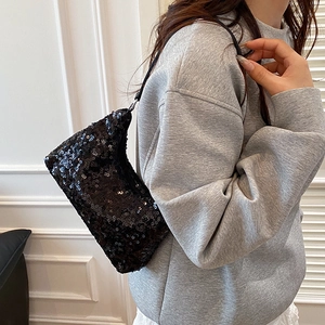 Sparkly black sequined shoulder bag for women with y2k aesthetic for party or daily wear