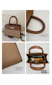 Close-up of brown leather and khaki woven fabric bag with gold hardware detail