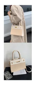 Detail of cream crossbody bag with woven texture, golden turn-lock, and top handle