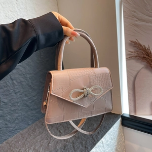 Women Croc Pattern PU Leather Square Crossbody Bag Rhinestone Bow Decor Top Handle Shoulder Handbag Urban Minimalist Fashion Bags