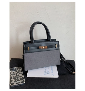 Detail of minimalist contrast shoulder bag with golden buckle and textured fabric