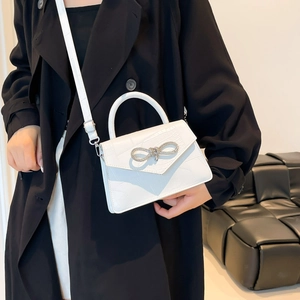 White crocodile pattern square handbag with sparkling rhinestone bow buckle decoration
