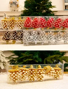 Detail of pine cone Christmas ornaments with snow effect in various colors and hanger