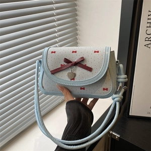 Sweet Women Bow Crossbody Bag PU Leather Cartoon Print Mini Square Shoulder Bag With Heart Metal Pendant For Girls Everyday Travel
