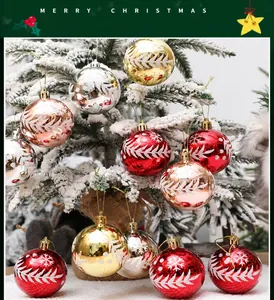 Detailed close-up of colorful electroplated Christmas balls with hand-painted snow patterns