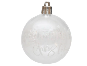 Detalle de bola de Navidad PET 6cm con texto Merry Christmas y patrones de estrellas