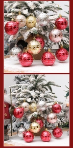 Dettaglio di palline di Natale da 6cm galvanizzate con motivi geometrici su rami innevati