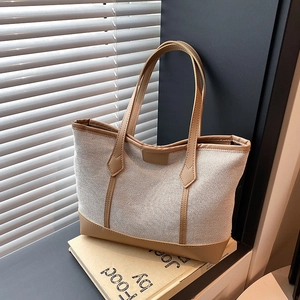 Women Contrast Color Canvas Tote Bag Large Capacity Minimalist Shoulder Handbag With Synthetic Leather Trim Elegant