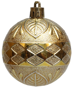 Dettaglio pallina di Natale oro 6 cm con motivi a foglia a rilievo e trama opaca a rombi